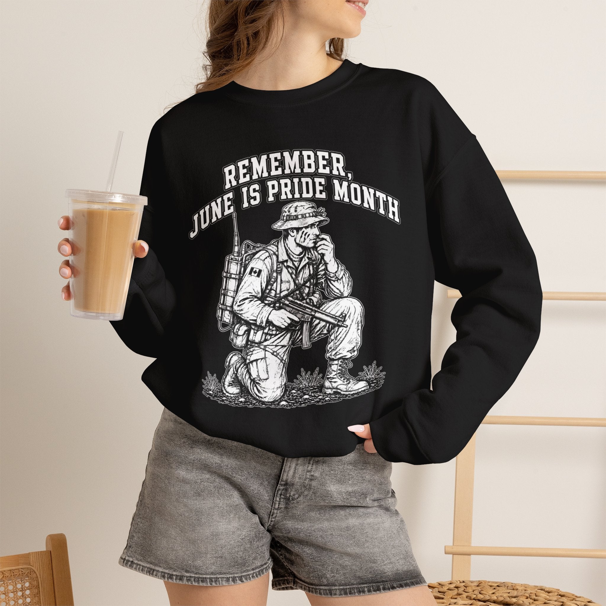 single Design 'Remember June Is Pride Month Sweatshirt' — Patriotic Kneeling Soldier Graphic Crewneck