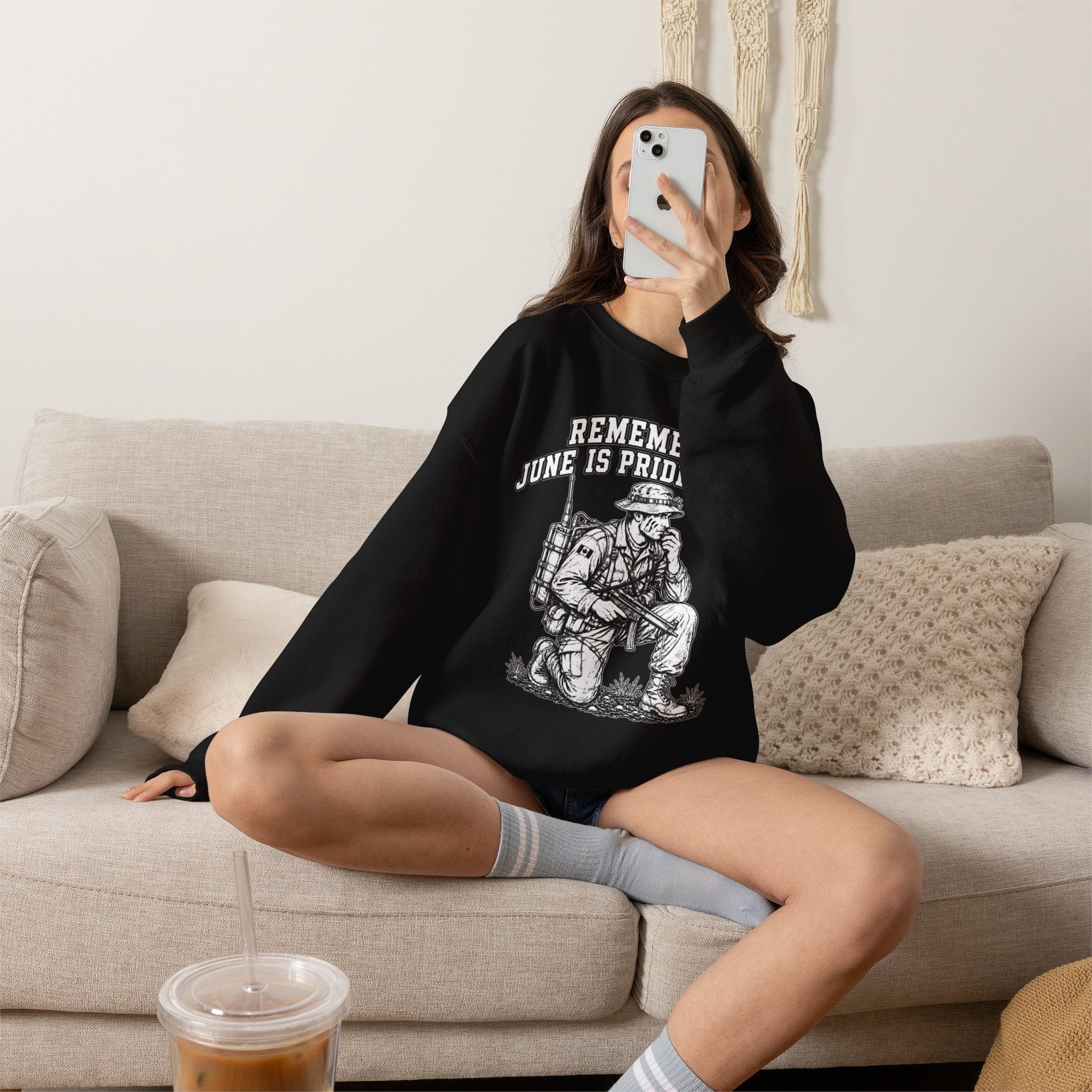 single Design 'Remember June Is Pride Month Sweatshirt' — Patriotic Kneeling Soldier Graphic Crewneck