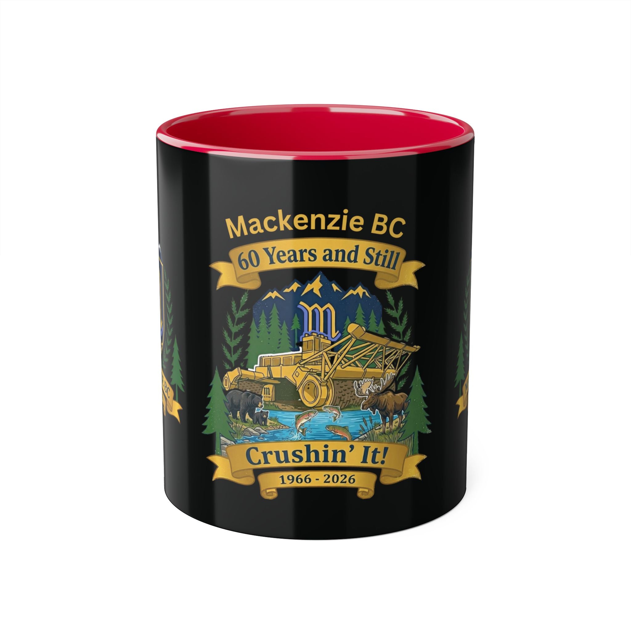 Tri-Color Mackenzie BC 60th Anniversary Ceramic Mug — “60 Years and Still Crushin' It! 1966–2026”