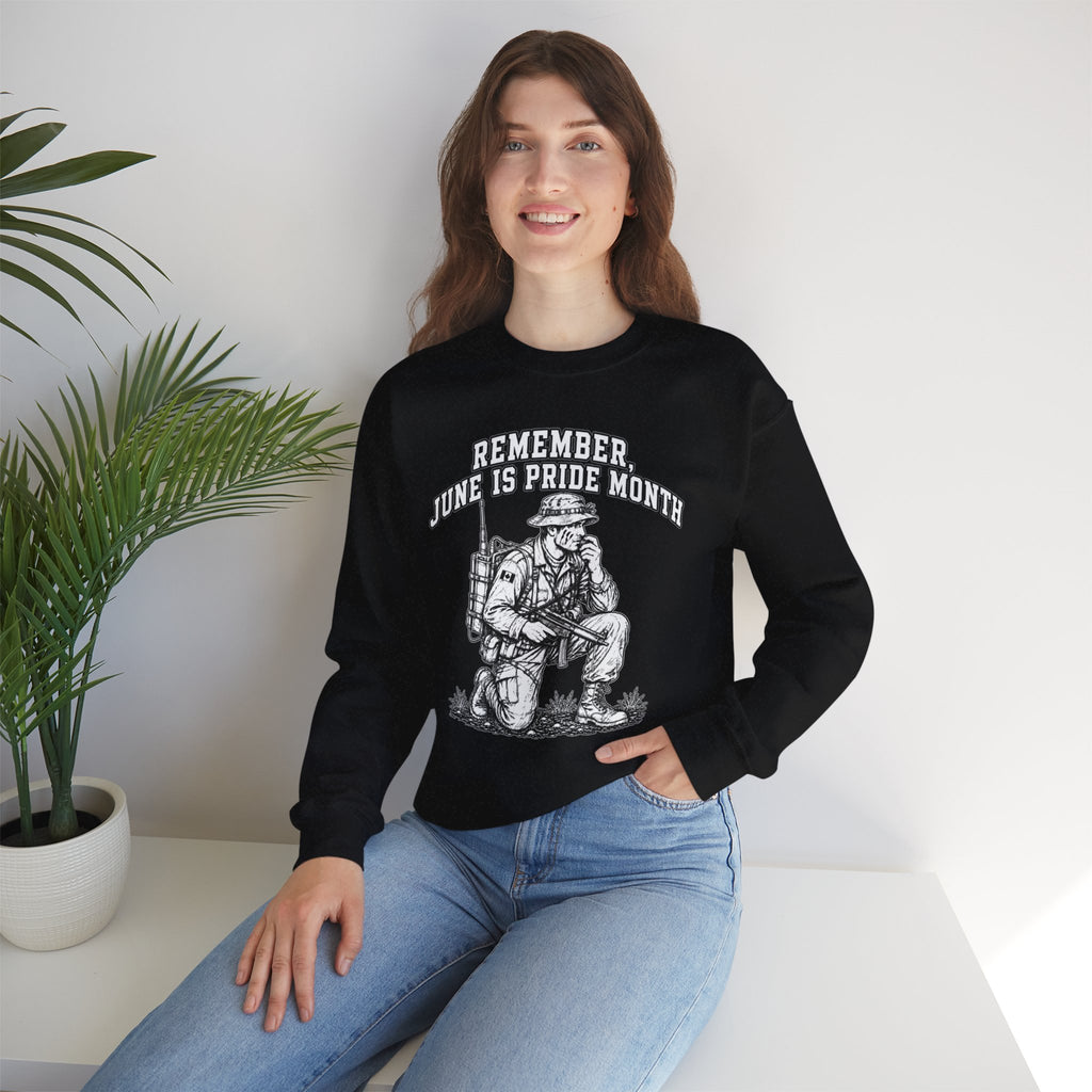 single Design 'Remember June Is Pride Month Sweatshirt' — Patriotic Kneeling Soldier Graphic Crewneck