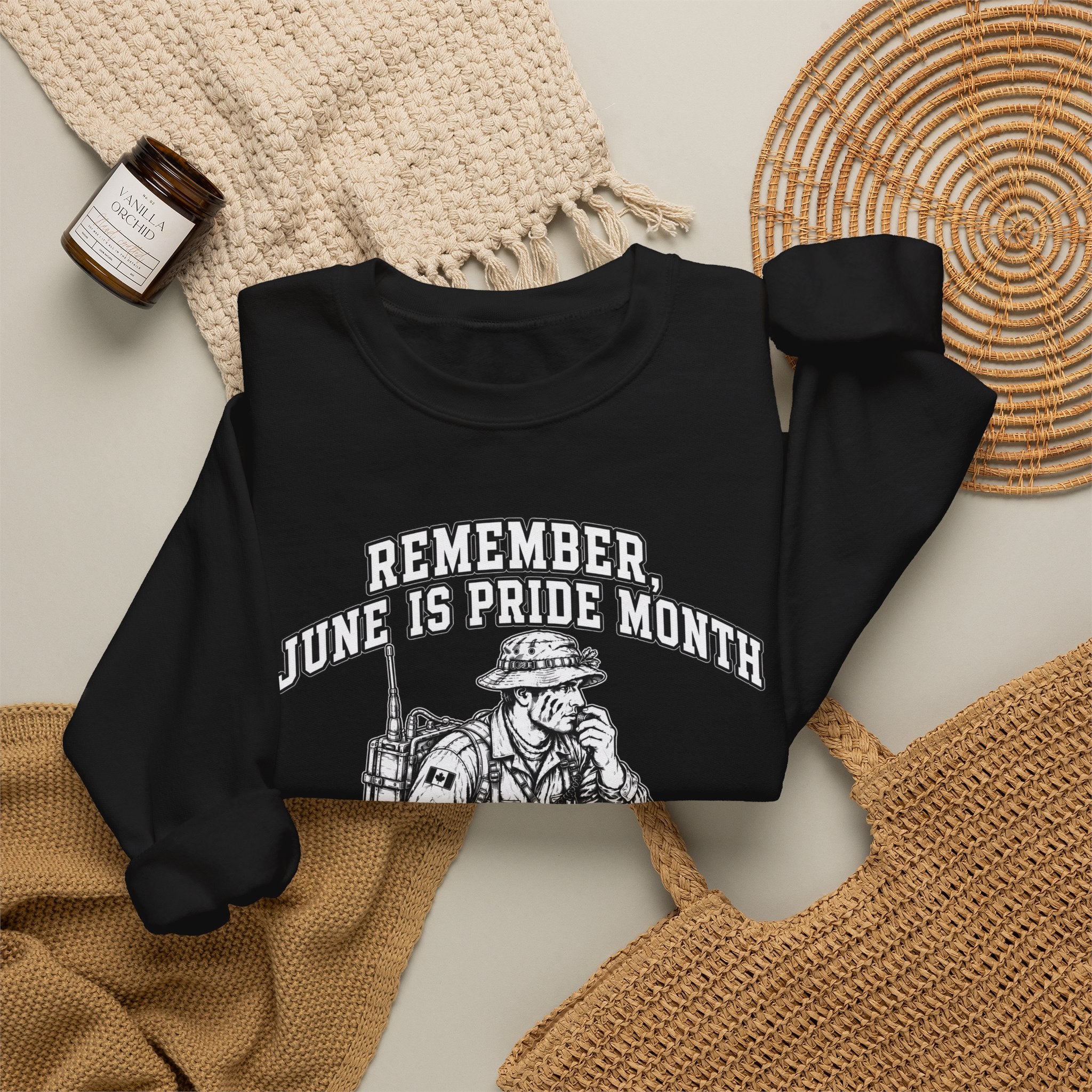 single Design 'Remember June Is Pride Month Sweatshirt' — Patriotic Kneeling Soldier Graphic Crewneck