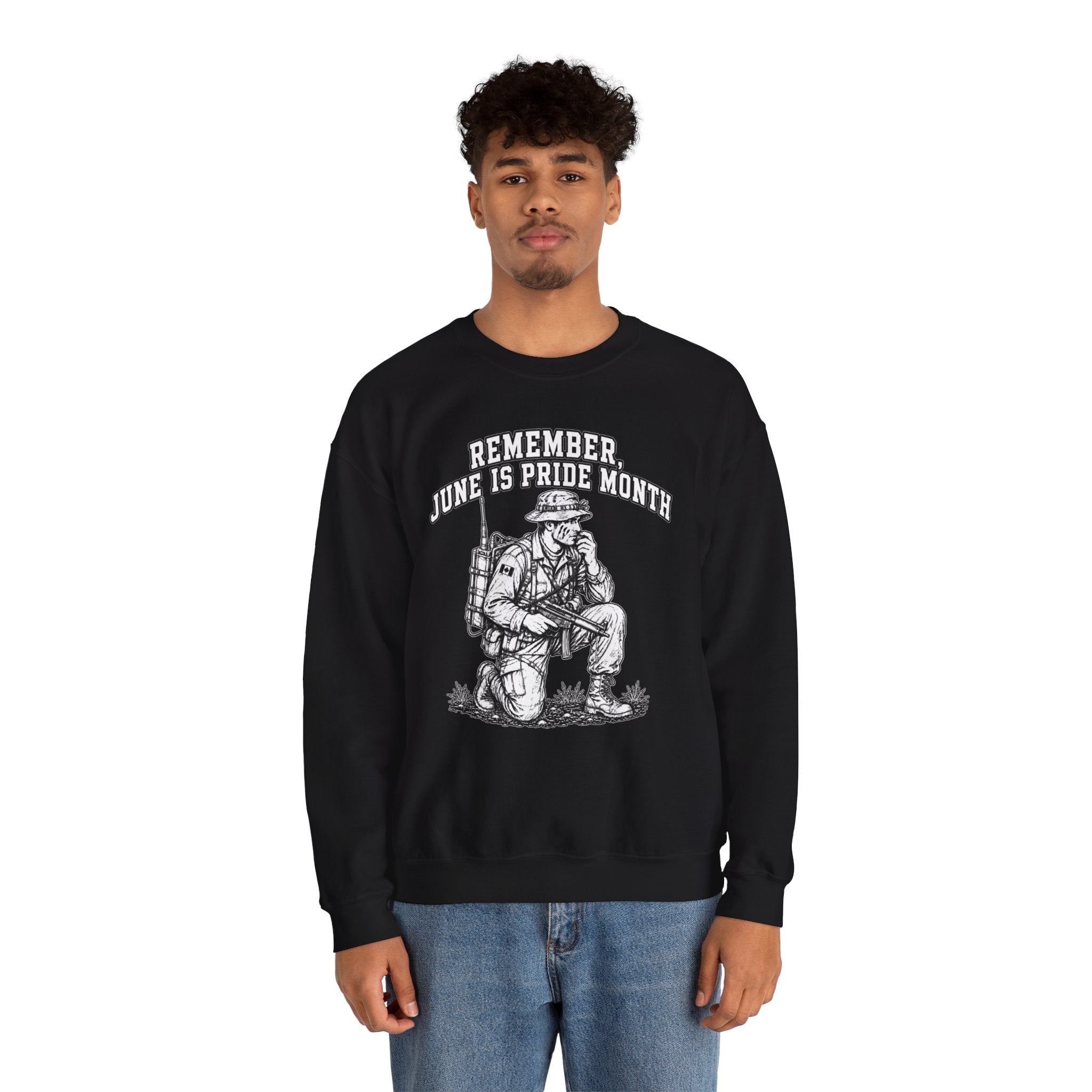 single Design 'Remember June Is Pride Month Sweatshirt' — Patriotic Kneeling Soldier Graphic Crewneck
