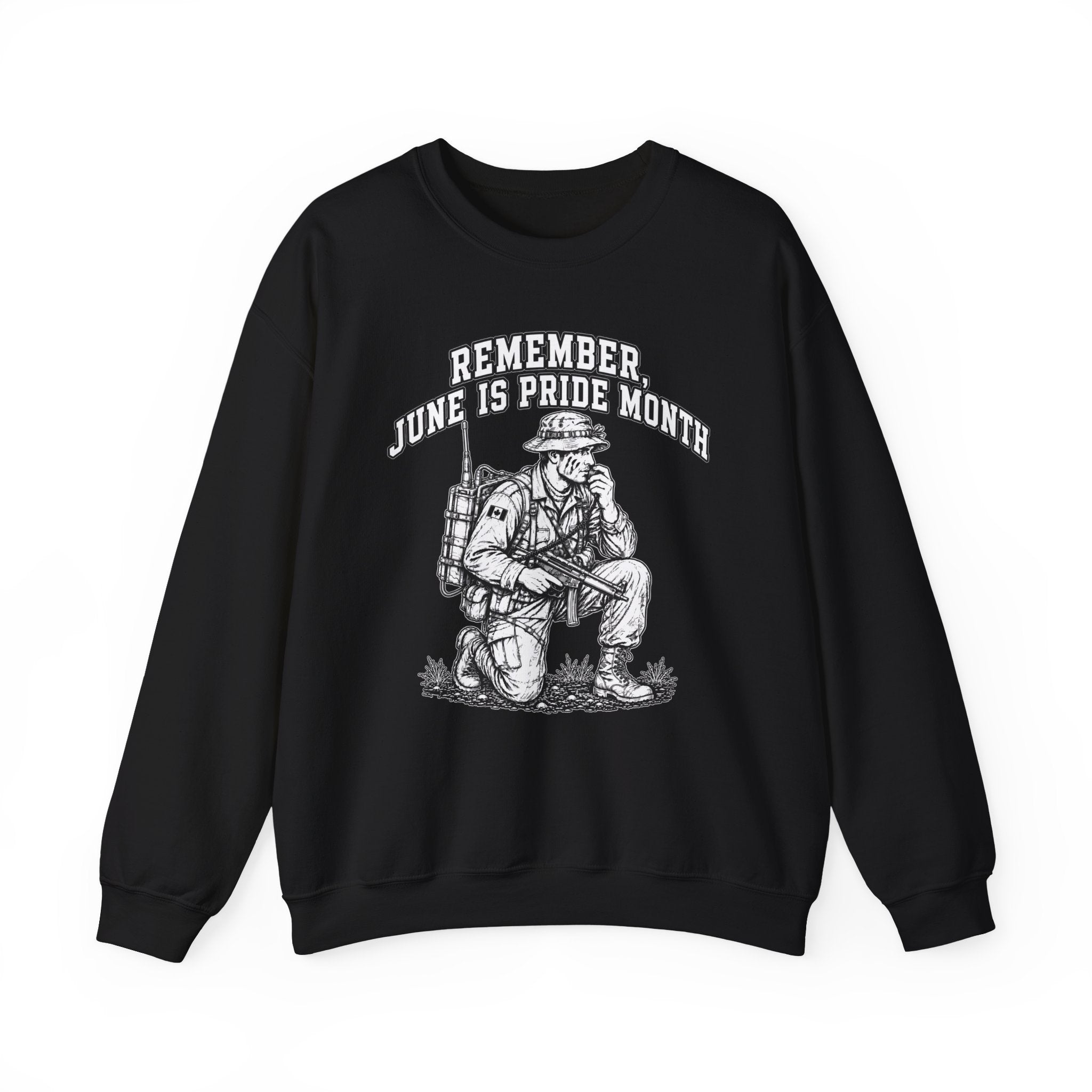 single Design 'Remember June Is Pride Month Sweatshirt' — Patriotic Kneeling Soldier Graphic Crewneck