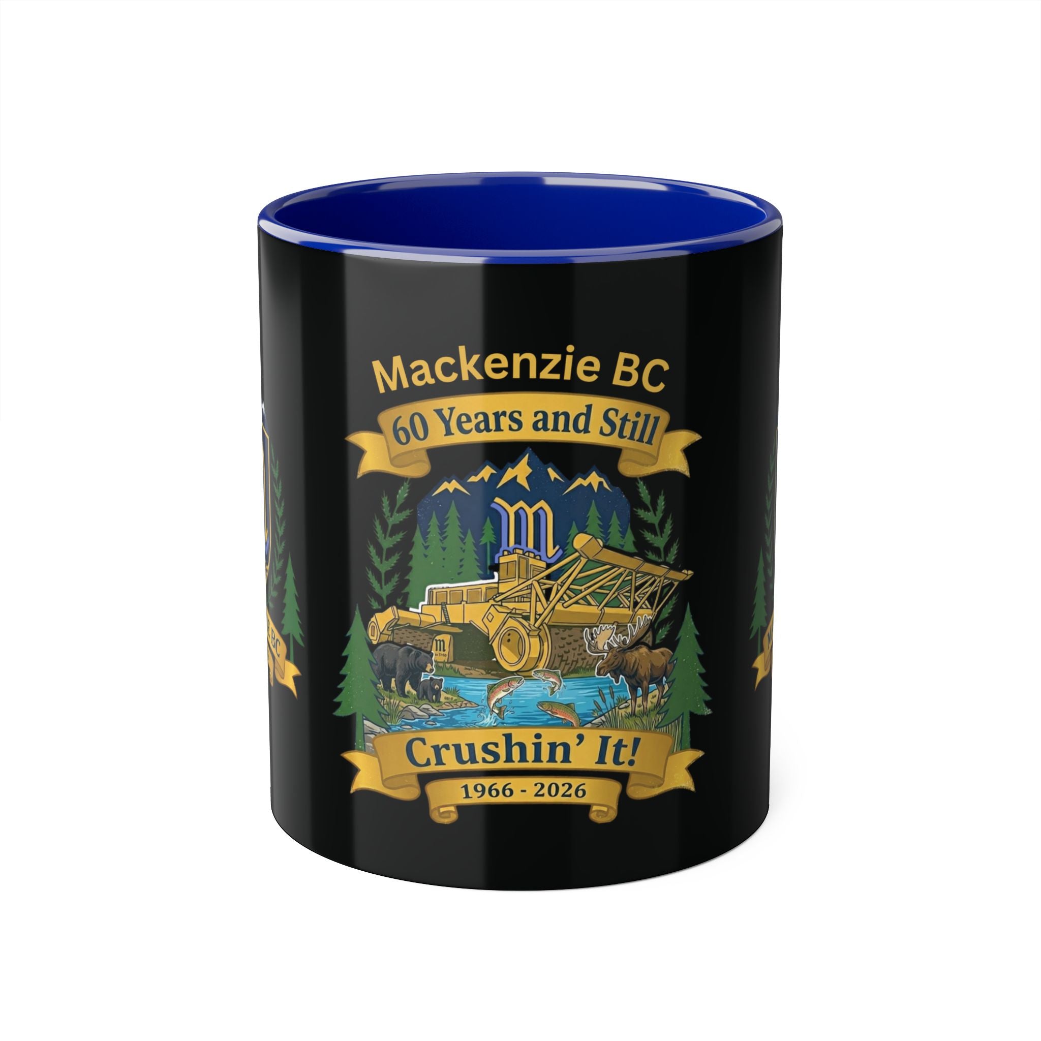 Tri-Color Mackenzie BC 60th Anniversary Ceramic Mug — “60 Years and Still Crushin' It! 1966–2026”