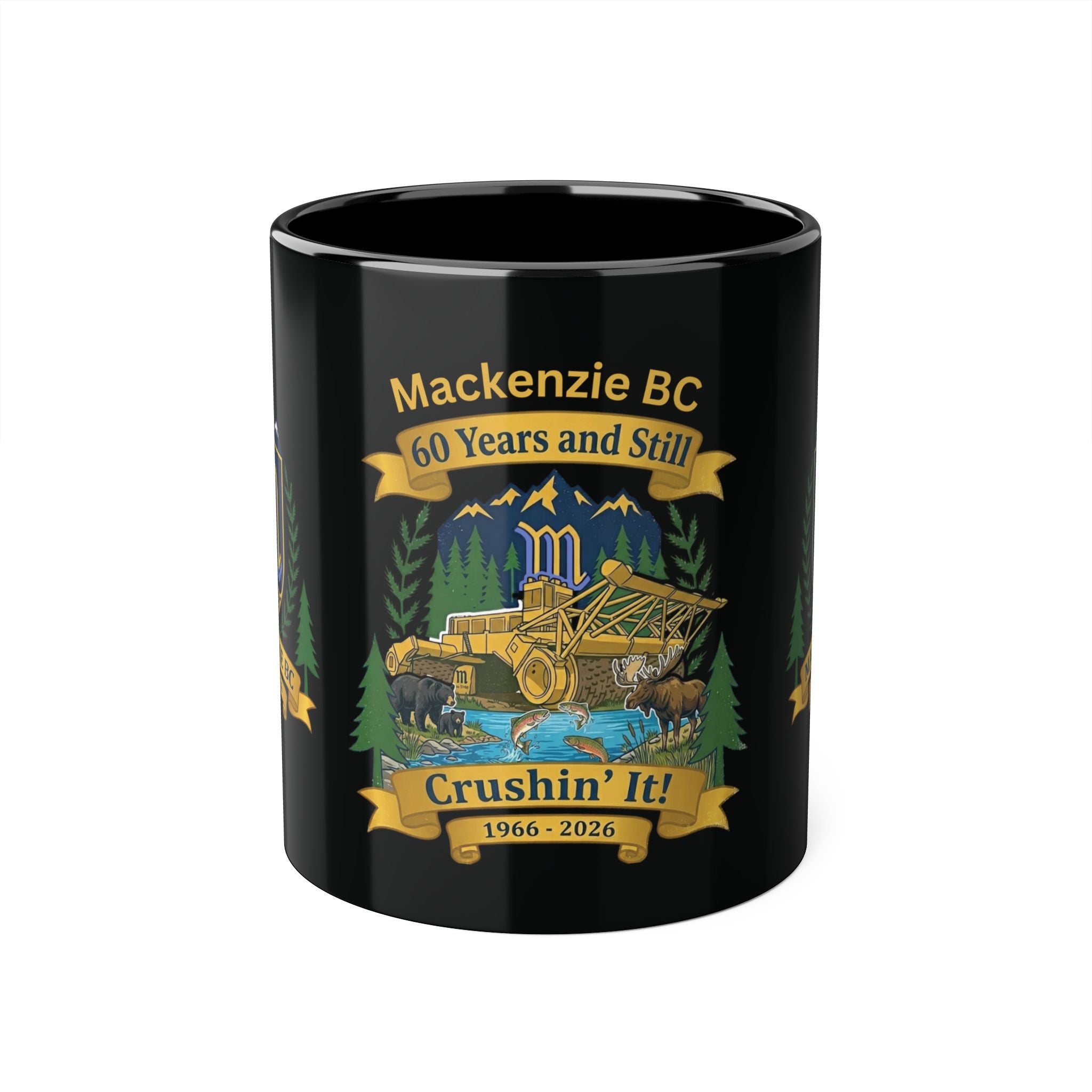 Tri-Color Mackenzie BC 60th Anniversary Ceramic Mug — “60 Years and Still Crushin' It! 1966–2026”
