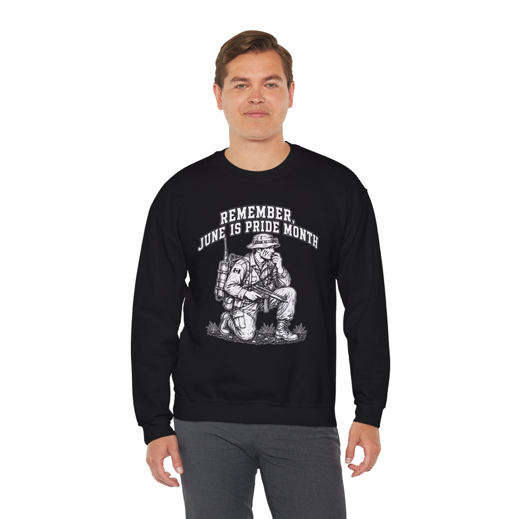 single Design 'Remember June Is Pride Month Sweatshirt' — Patriotic Kneeling Soldier Graphic Crewneck