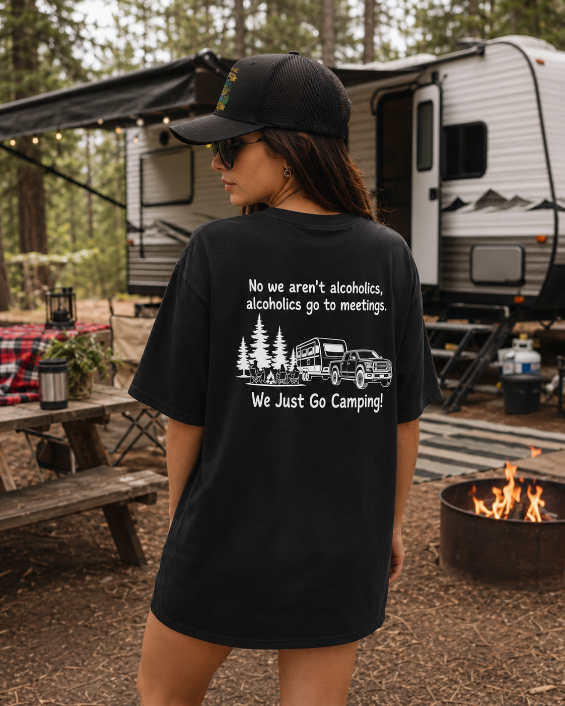 Camping T-Shirt — “We Just Go Camping!” Funny Outdoors Tee with Truck & Trees