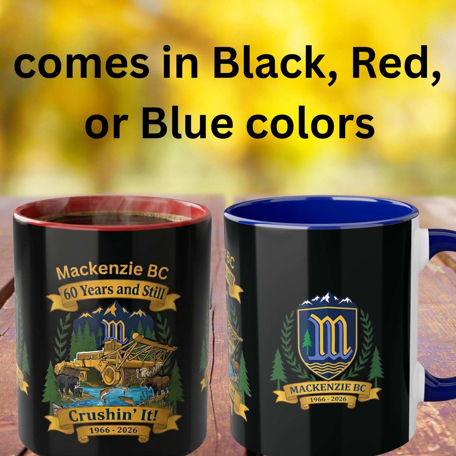 Tri-Color Mackenzie BC 60th Anniversary Ceramic Mug — “60 Years and Still Crushin' It! 1966–2026”